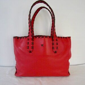 Vintage Randell Dodge Red Leather Tote Bag Y2K Cross Stitch LARGE Purse